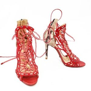 Schutz Red Snakeprint Lace Up Pumps